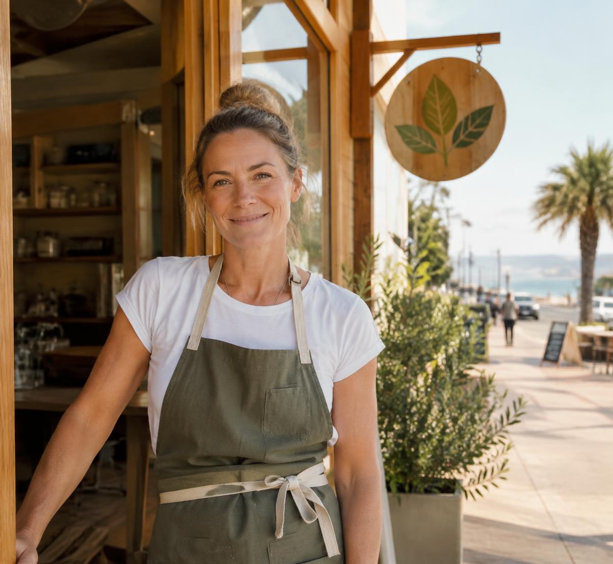 A local business owner at her cafe door